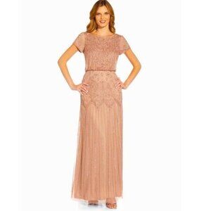 Adrianna Papell Beaded Blouson Short Sleeve Gown Dress Rose Pink SZ 8
